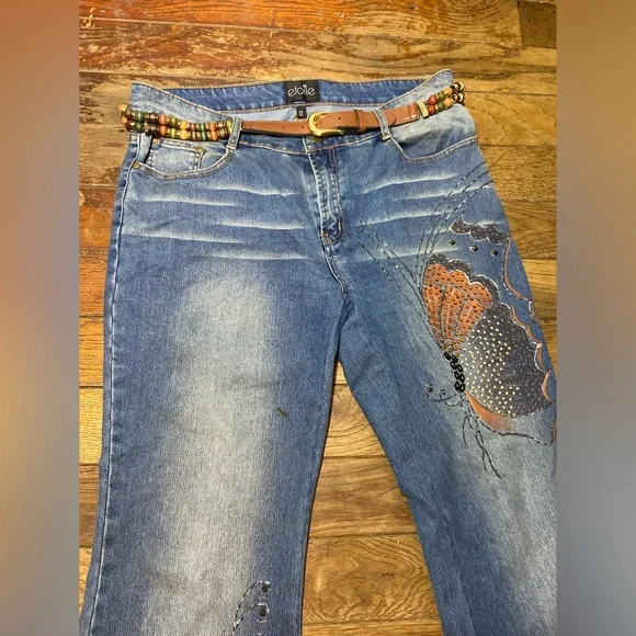 "Y2K Butterfly Embroidered + Jeweled Denim Bootcut Jeans - Etoile Size 12 Women' - Picture 5 of 9